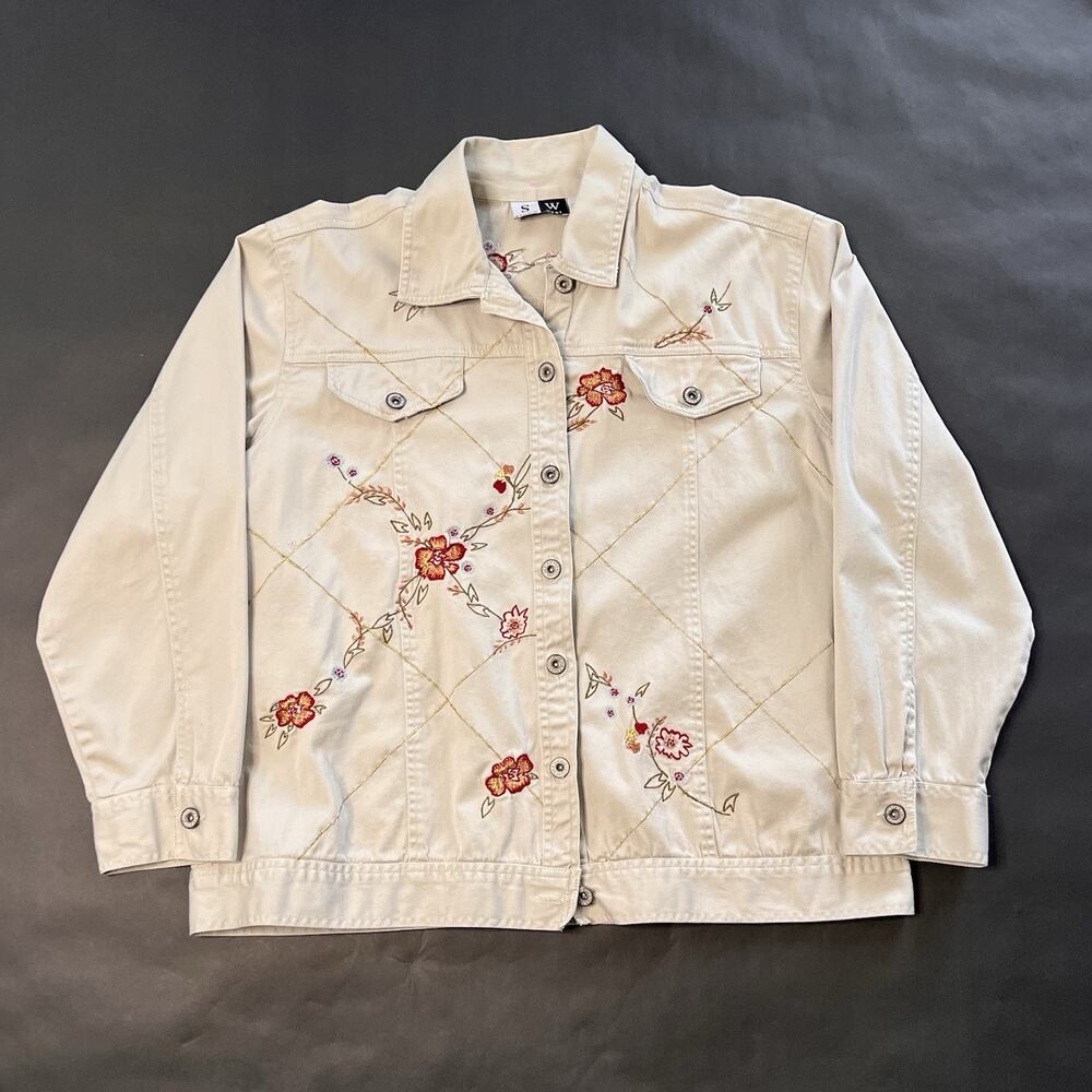 Studio West Denim Jacket XL •Beige with Floral Embroidered Panels • Western Boho